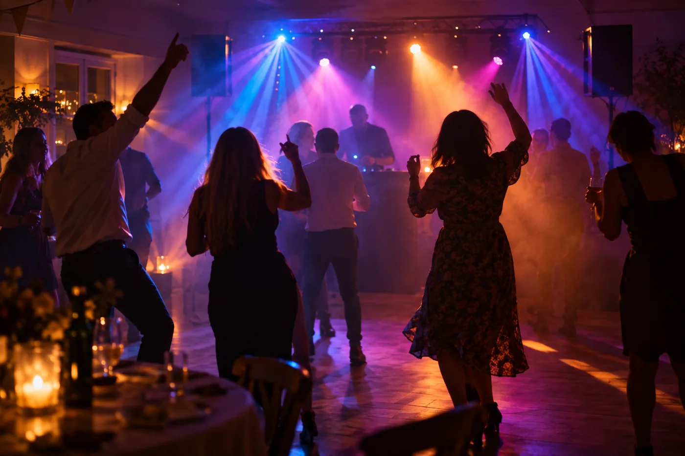 Stemning på et mindre dansegulv med DJ, røg og farvet lysshow